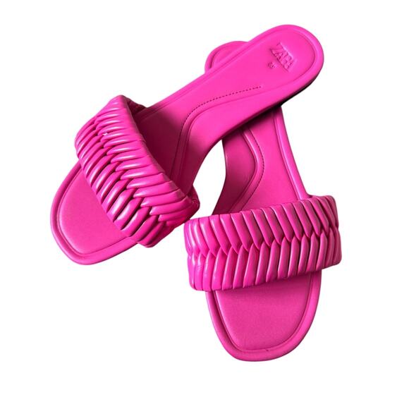 Zara Hot Pink Leather Slip On Sandals Womens 8.5 Beachy Flats Slides Casual - Picture 1 of 7